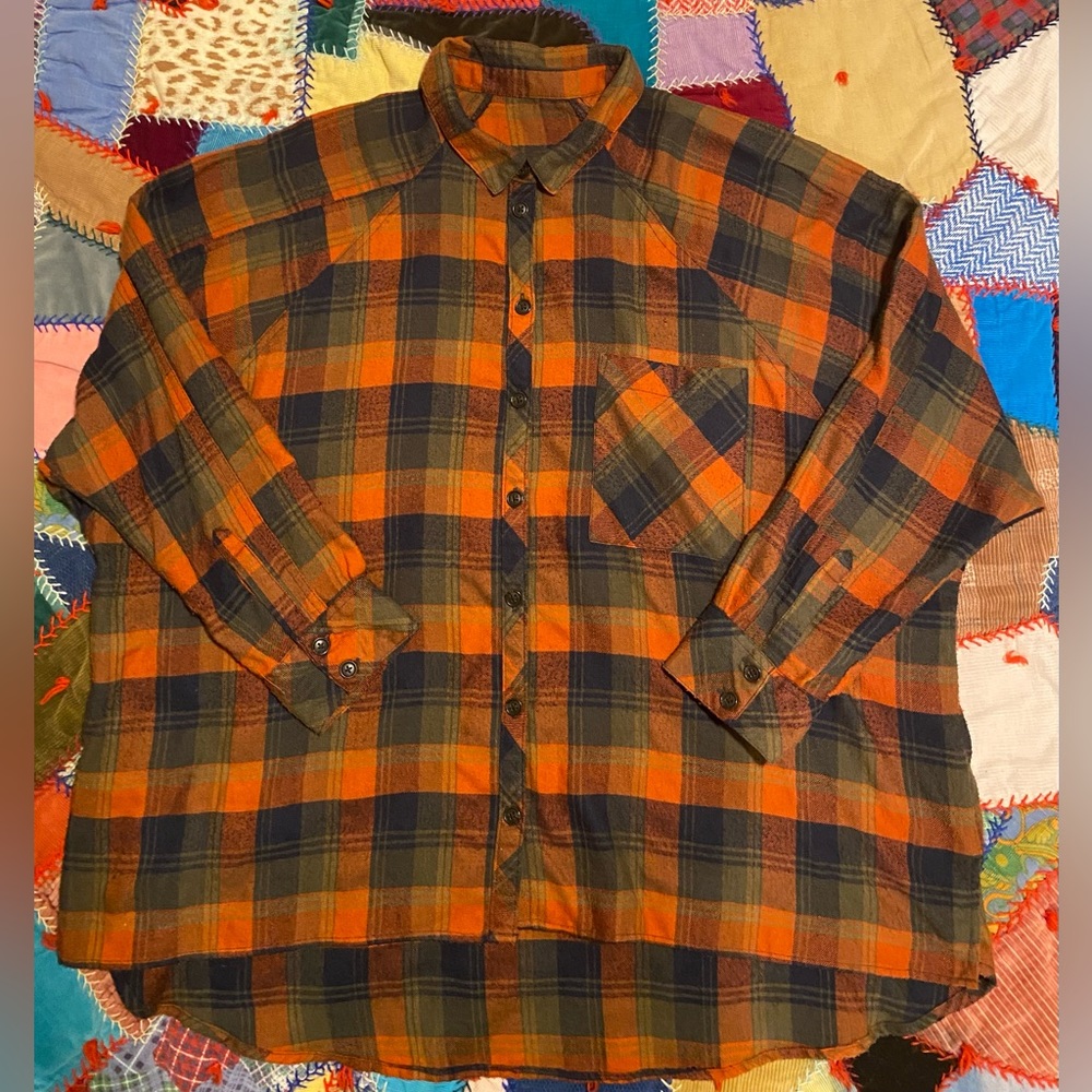 BDG Urban Outfitters oversized flannel with asymmetrical hem in green and orange